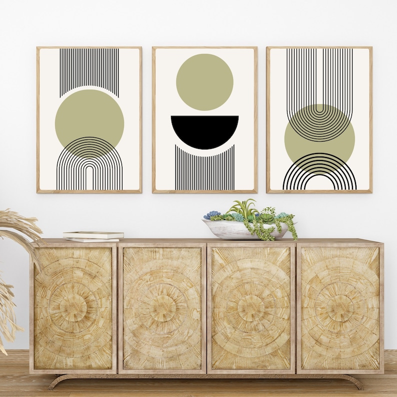 Mid Century Modern Abstract Printable Wall Art, Olive Green Circles and ...
