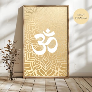 Gold und Weiß Sanskrit Om druckbare Wandkunst INSTANT DOWNLOAD Druck für Büros, Yoga-Studios, Wohnzimmer, Kunstwerk für Yoga-Liebhaber PLAN10
