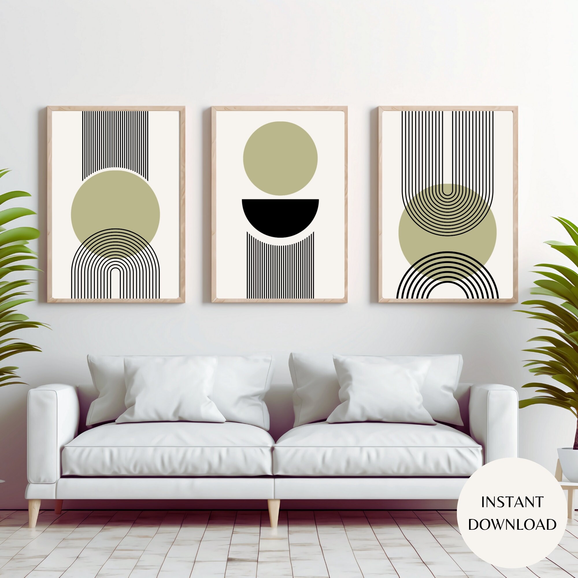 Mid Century Modern Abstract Printable Wall Art, Olive Green Circles and ...