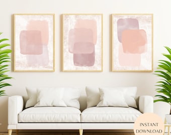 Boho Peach Abstract Art Prints: Set of Three, Modern Wall Decor (Instant Download)