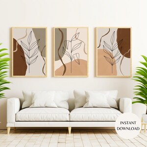 Trendige botanische Boho-Neutraltöne druckbare Wandkunst für Naturliebhaber, sofortiger DOWNLOAD, abstrakter Satz von drei Erdtönen druckt PLAN02