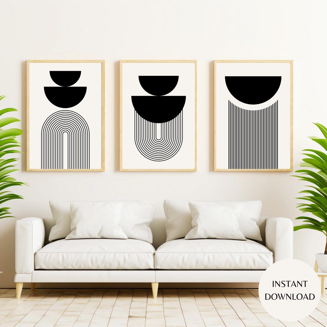 Mid Century Modern Abstract Printable Wall Art, Cream and Black Set of ...