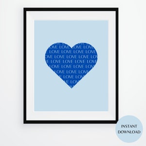 Liebe Herz blassblau und himmelblau Minimalistische moderne druckbare Wandkunst, SOFORTIGER DOWNLOAD, Herz Kunst Poster für Schlafzimmer und Badezimmer PLAN07