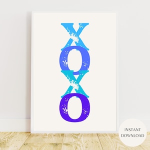 Moderne Blautöne XOXO Umarmungen und Küsse abstrakte druckbare Wandkunst, sofortiger DOWNLOAD, romantischer Kuss Poster, Liebe, Raumdekor für Teenager Karte 07