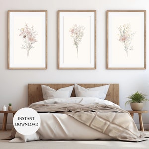 Dusty Pink und Ivory Wildblumen Set von drei druckbare Wandkunst, SOFORTIGER DOWNLOAD, Blumenpastelltöne botanische Kunst für Wohnzimmer Karte Karte