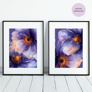 Conjunto de dos cuadros florales bohemios morados y dorados, arte mural abstracto imprimible, descarga instantánea, arte mural botánico para dormitorios y salas de estar MAP08