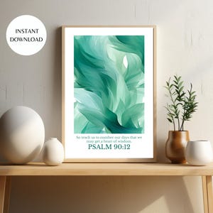 Psalm 90 12 druckbare Wandkunst, grüne botanische Blätter Bibel-Vers-Zitat, sofortiger Download erhebende christliche Dekor für Wohnzimmer PLAN03