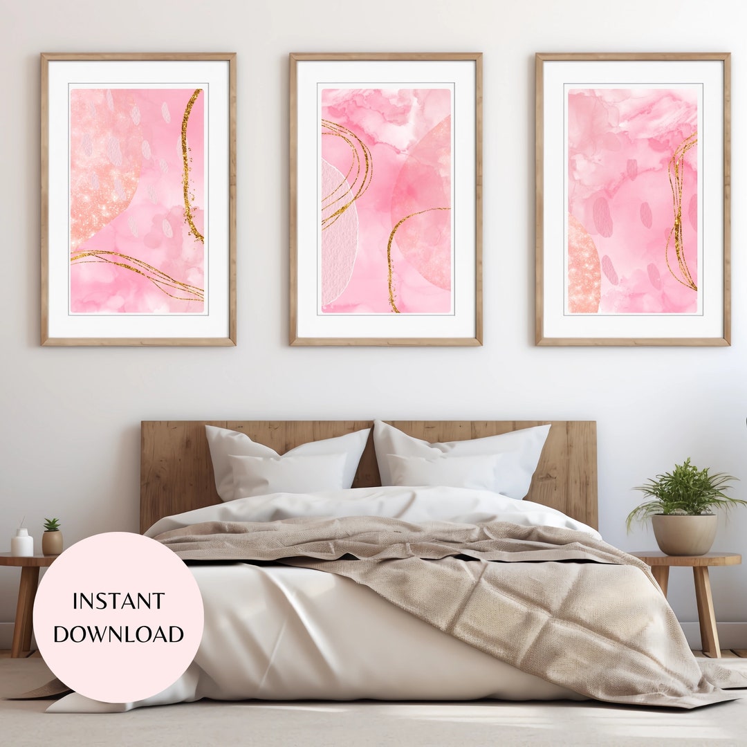 Blush Pink Abstract Art Prints: Set of 3, Gold Detail (instant Download ...