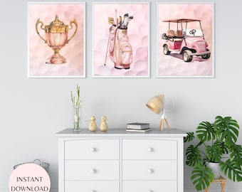 Pink Golf Cart Print Set, Preppy Trophy, Golf Bag Art (Digital Download)