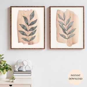 Neutrales Blatt botanisches druckbares Wand-Kunst-Set mit zwei SOFORTIGEN DOWNLOAD, Kaffee- und Elfenbein-Boho-Pflanzendrucken, Kunstwerk für Naturliebhaber PLAN02