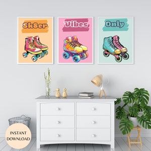 Kunstafdrukken jaren 90 rolschaatsen: snoeppastel retro decor (digitale download)
