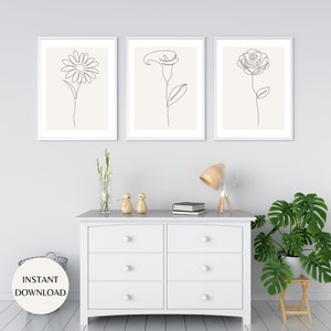 Boho Neutral Botanische druckbare Wandkunst, Set von drei modernen abstrakten Line Art Prints SOFORTIGER DOWNLOAD, Floral Line Art Printables LANDKARTE