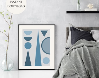 Stampa artistica con triangoli geometrici: decorazione astratta blu e grigia (download digitale)