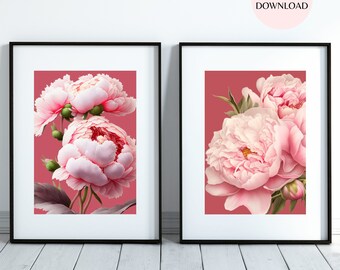 Conjunto de impresiones abstractas de peonías rosa ruborizado: Arte floral bohemio para pared (descarga digital)