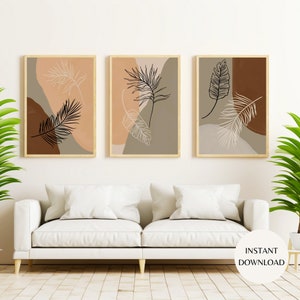 Trendy botanische Boho abstraktes Set mit drei Drucken, neutraler Stein und orange druckbare Wandkunst, SOFORTIGER DOWNLOAD, Retro botanische Kunst PLAN02