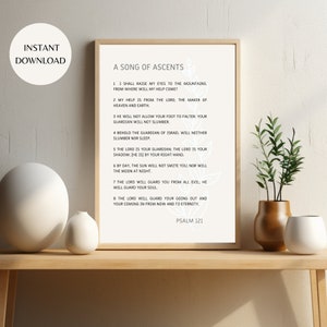 Può includere: Un poster bianco stampabile con testo nero che presenta il Salmo 121, "Un canto delle ascensioni". Il testo è una preghiera per la protezione e la guida.