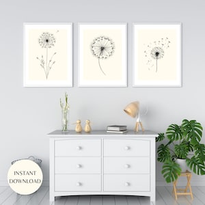 Boho Neutral Dandelion druckbare Wandkunst, Satz von drei modernen abstrakten Kunstdrucken SOFORTIGER DOWNLOAD, Blumenlinie Kunst-Wand-Dekor-Ideen PLAN01
