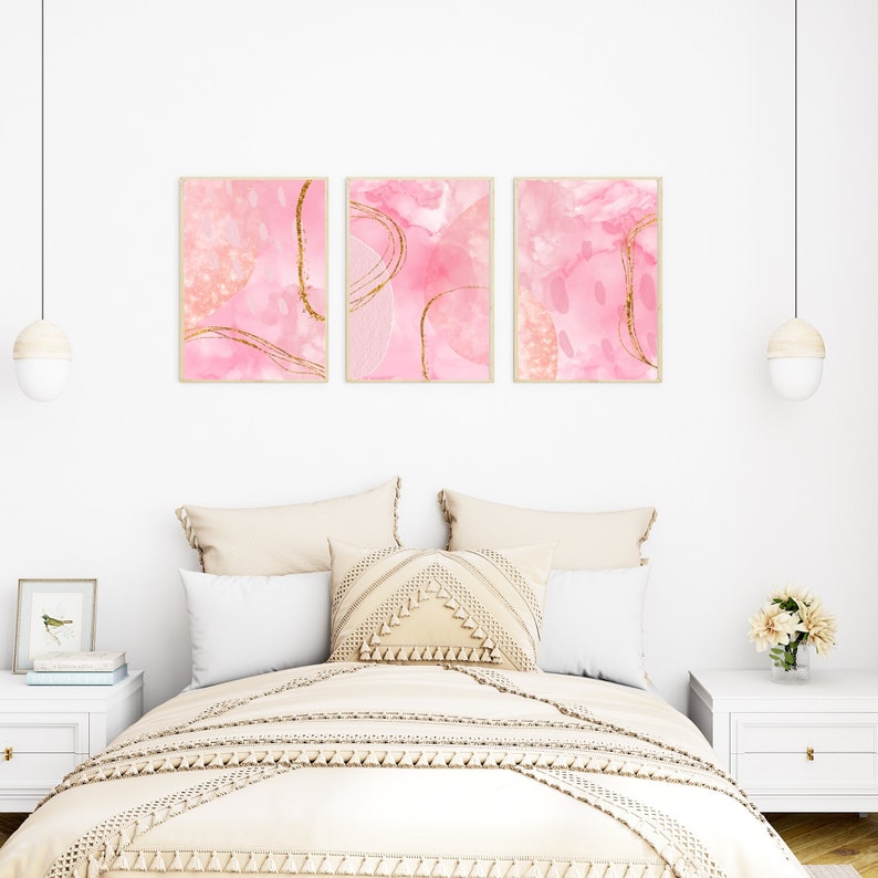 Blush Pink Abstract Art Prints: Set of 3, Gold Detail (instant Download ...