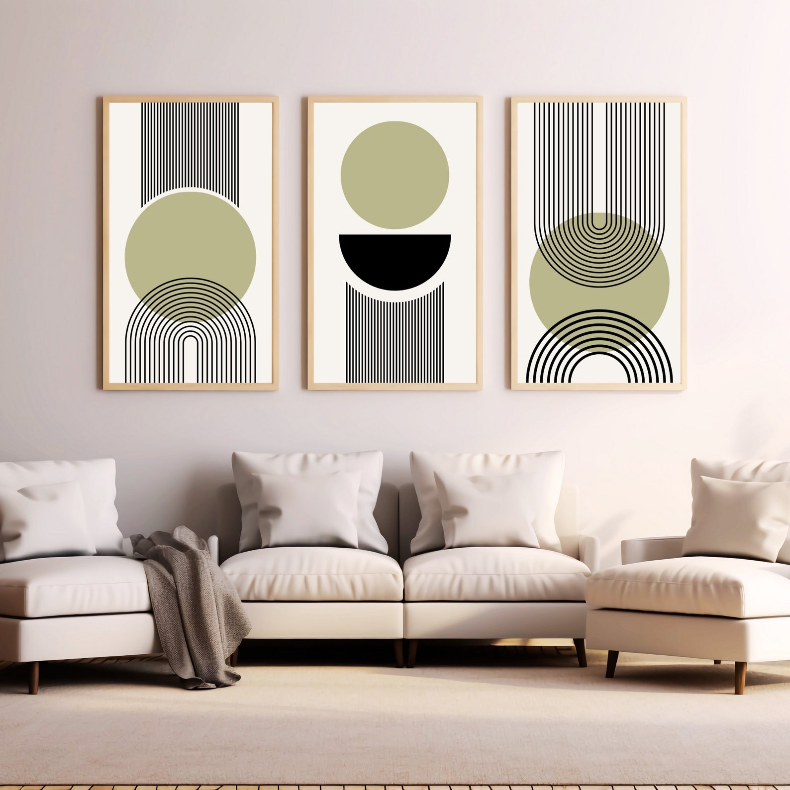 Mid Century Modern Abstract Printable Wall Art, Olive Green Circles and ...
