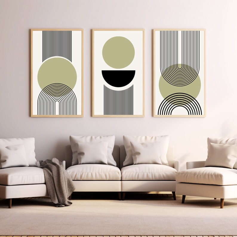 Mid Century Modern Abstract Printable Wall Art, Olive Green Circles and ...