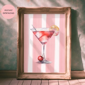 Cosmopolitan Rose Pink and White Stripes Printable Wall Art, Coquette Aesthetic Hotel Cocktail Poster, Bar Cart Art INSTANT DOWNLOAD MAP09