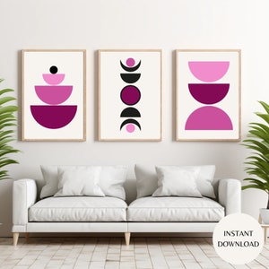 Ensemble moderne rose baies du milieu du siècle de trois oeuvres d'art murales imprimables abstraites, TÉLÉCHARGEMENT IMMÉDIAT, oeuvres d'art MCM pour les salons, les bureaux et les chambres à coucher MAP09