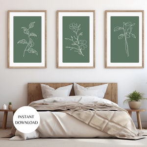 Druckbare Wand Kunst Set von drei olivgrünen und weißen botanischen Blumen Linie Kunst, sofortiger DOWNLOAD, Drucke für Wohnzimmer und Schlafzimmer PLAN03