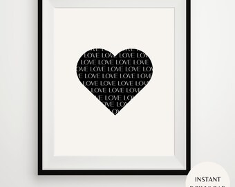 Love Heart Print: Black and Ivory Minimalist Wall Art (Digital Download)