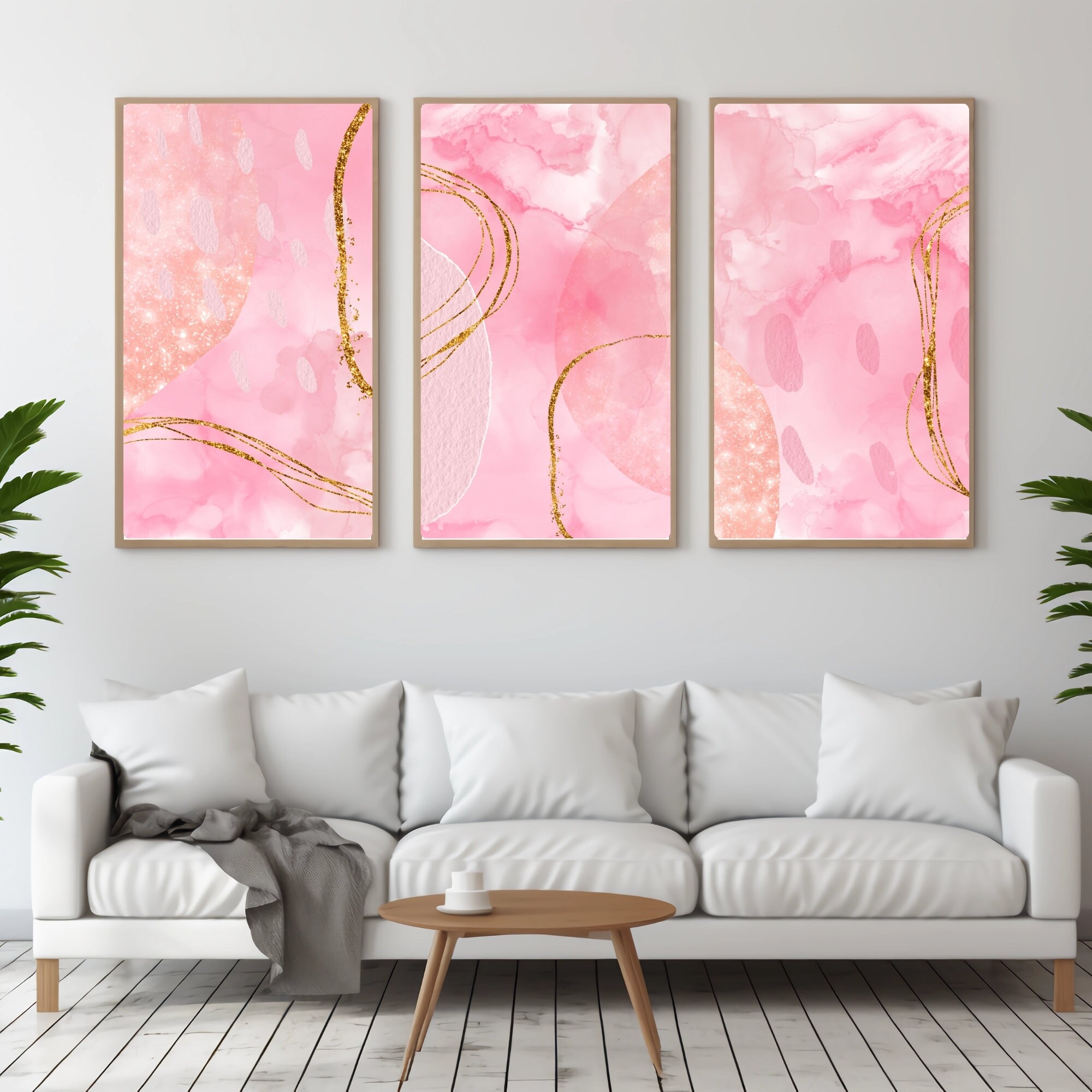Blush Pink Abstract Art Prints: Set of 3, Gold Detail (instant Download ...
