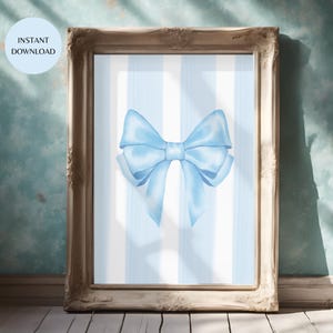 Blue Bow Stripes Print: Coquette Wall Art For Girls Room (Digital Download)