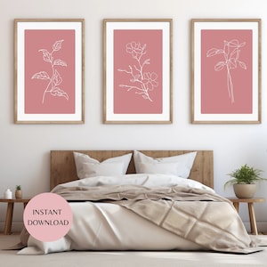 Botanische Blumen druckbare Wandkunst in rosa und weiß, Set aus drei Line Art Blumendrucken, sofortiger DOWNLOAD, Kunst für Schlafzimmer LANDKARTE