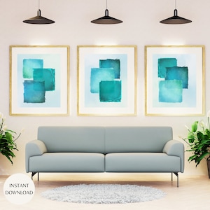 Arte de pared imprimible con cuadrados azul océano, conjunto de tres abstractos geométricos modernos (descarga instantánea), ideas de diseño de interiores boho turquesa MAP07