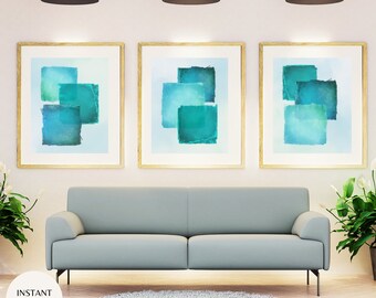 Ocean Blue Squares Abstract Art Prints: Set of 3, Boho Wall Decor (Instant Download)