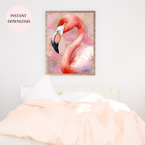 Boho Pink Flamingo Art Print: Abstract Floral Bird (Digital Download)