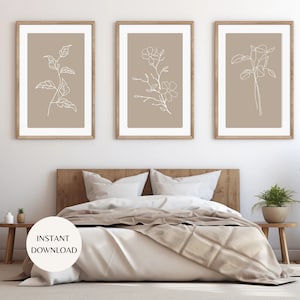 Arte mural imprimible con motivos florales botánicos. Juego de tres láminas lineales en tonos neutros y blancos. Descarga instantánea. Regalo de arte floral neutro. MAP02
