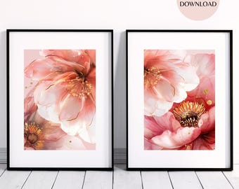 Blush Pink Floral Print Set: Gold Abstract Botanical Art (Digital Download)