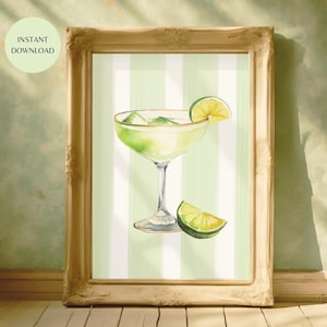 Margarita Zielone i Białe Paski Wydrukowalna Sztuka Ścienna, Lime Cream Hotel Decor Cocktail Plakat, Uroczy Bar Cart Art Print NATYCHMIASTOWE POBIERANIE MAP03
