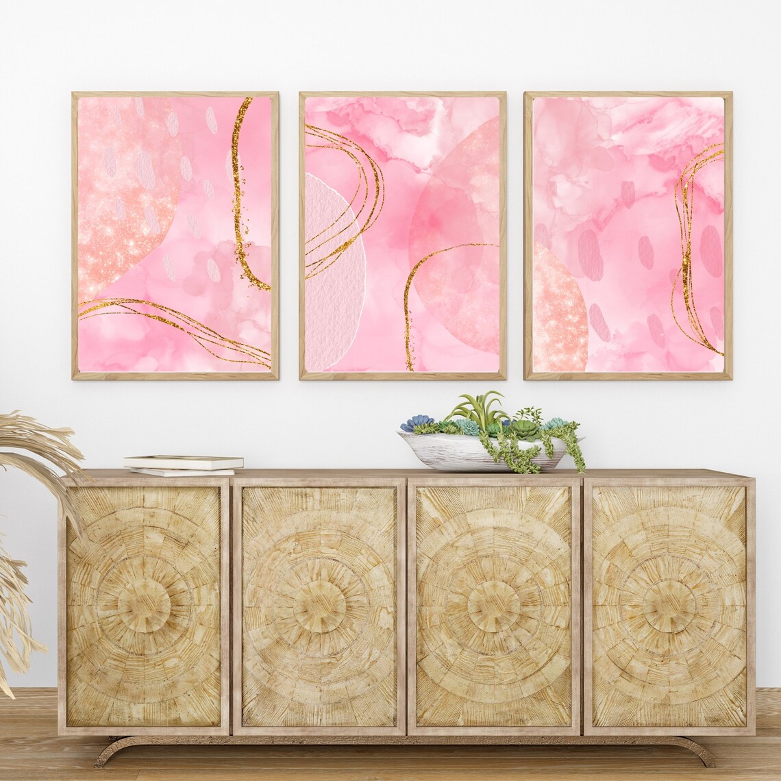 Blush Pink Abstract Art Prints: Set of 3, Gold Detail (instant Download ...