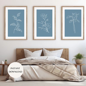 Blaue und weiße Blumen druckbare Wandkunst, Satz von drei botanische Linie Kunstdrucke SOFORTIGER DOWNLOAD, blaugrüne Blumen Wohnzimmer Wohnkultur LANDKARTE07