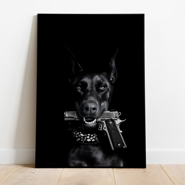 Dobermann Gun - Poster, schwarz & weiß Wanddekoration, Modefotografie, Dobermann-Print, Hund-Wand-Kunst, Schwarze Wandkunst