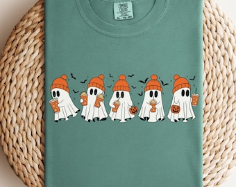 Comfort Colors Halloween Ghosts and Coffee Shirt, Halloween Ghost Tshirt, Halloween Cute Women Outfit, Halloween Gift, Ghost Sweatshirt