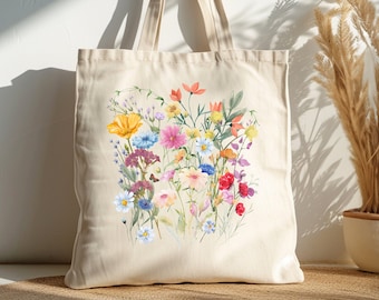 Wildflower Tote Bag, Floral Tote Bag, Library Tote, Flower Tote Bag, Black Tote Bag, Book Bag, Gift For Her, Reusable Shopping Bag