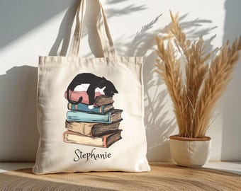 Custom Cat on Books Cotton Canvas Tote Bag, Great for Book Lovers, Cat Mom Bag, Eco-Friendly Shopping, Gift for Cat Owners, Library Carryall