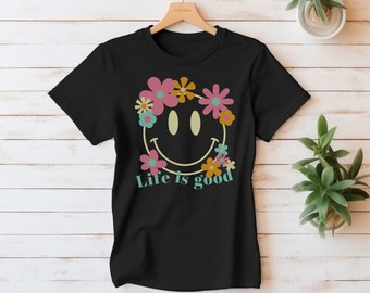 La vie c'est bien, style vintage smiley smiley positif t-shirt avec des fleurs, chemise smiley rétro style années 90