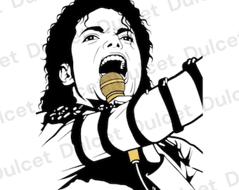 May include: Black and white illustration of a singer with a microphone. The singer is mid-performance, mouth open, with a gold microphone. The image has a bold, graphic style, with the singer's hair and clothing in black.