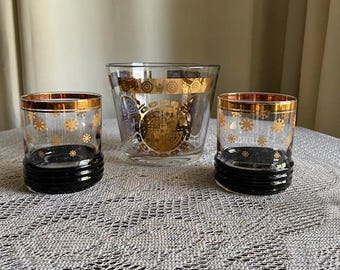 Vintage MCM Cocktail Glasses and Ice Bucket Set – 22K Gold Trim, Vito Bari Signed