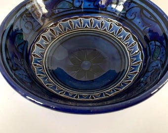 Art Glass Pottery Cobalt Blue Footed Trinket Dish -Signed