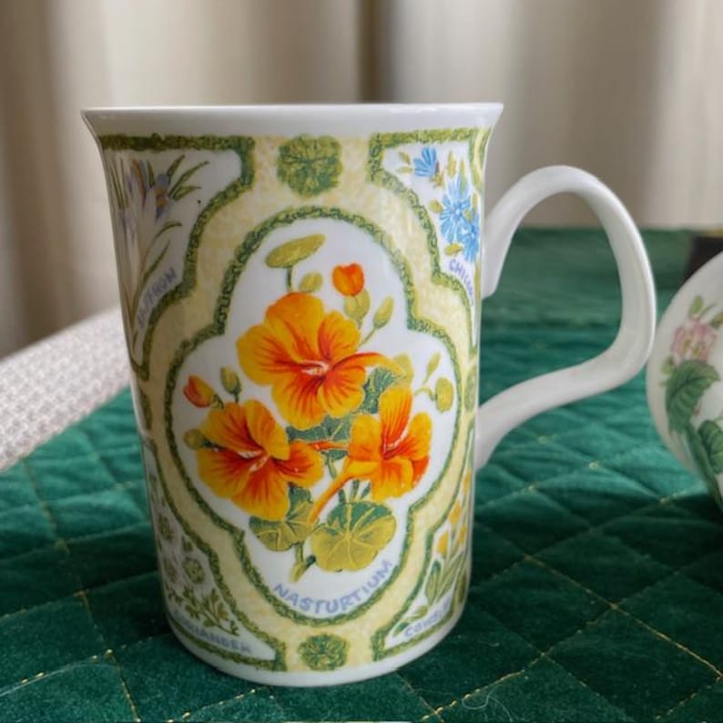 May include: White ceramic mug featuring a floral design with orange and yellow nasturtium flowers. The mug has a curved handle and is decorated with botanical illustrations and the word "NASTURTIUM". The background has a yellow and green pattern.