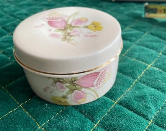 Vintage Royal Worcester Spode Palissy porcelain trinket box with a foxglove floral design with gold trim