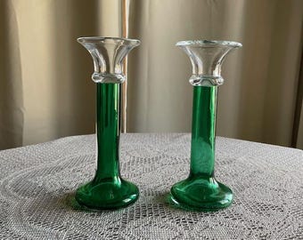 On Sale!  Reduced - Set of (2) Emerald Green Glass Candlestick Holders - Crate & Barrell - Rare Find